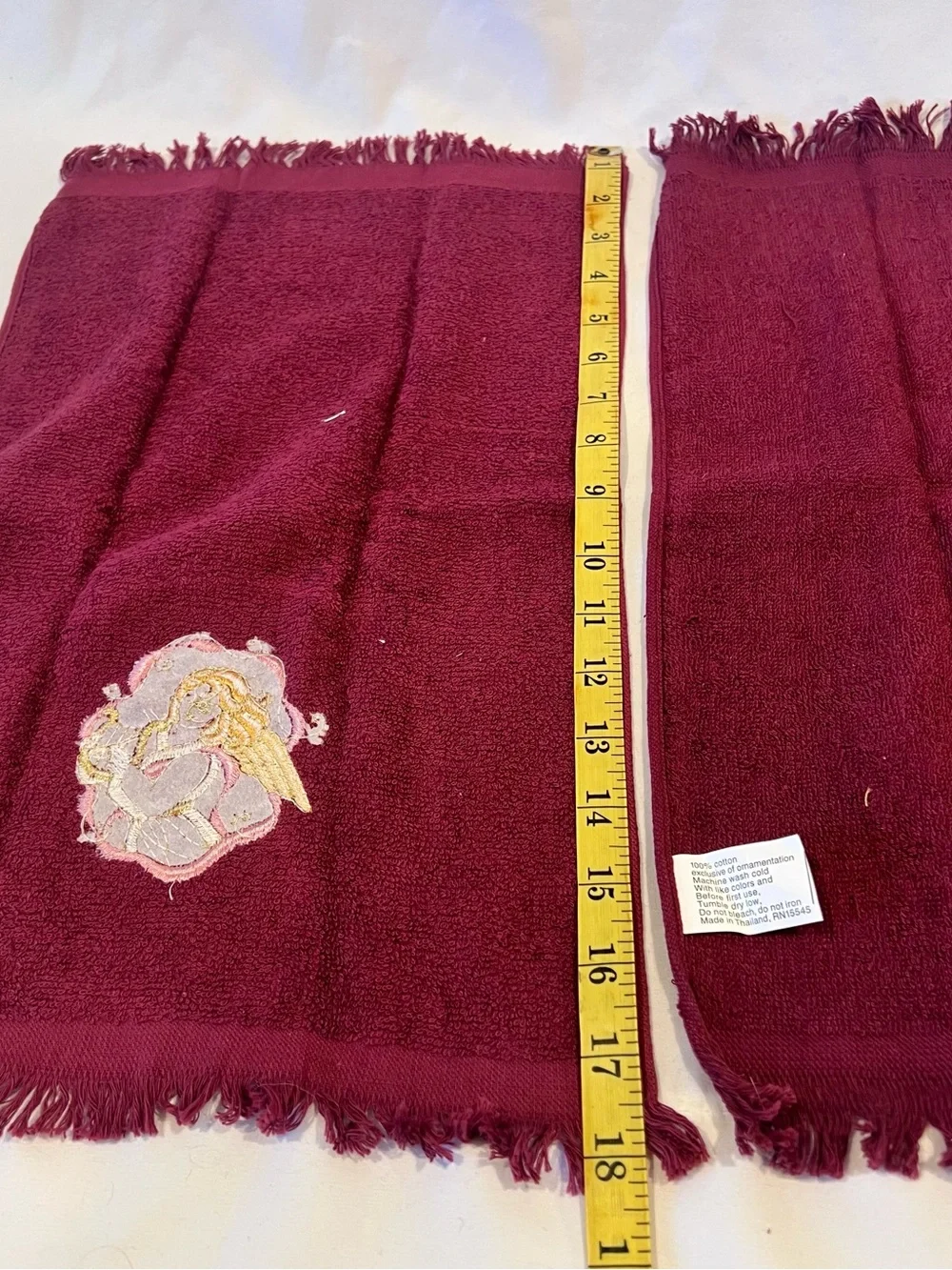 Vintage Angel Embroidered Hand Towels Set Burgundy Cotton Fringe Pair